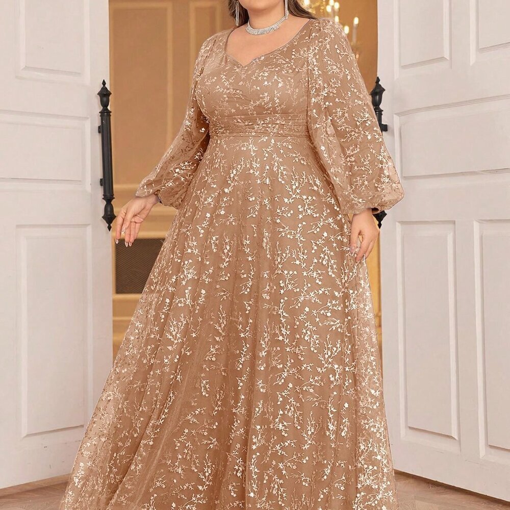 Champagne Preppy Women's Floral Mesh Party Evening Gown - Picture 4 of 7